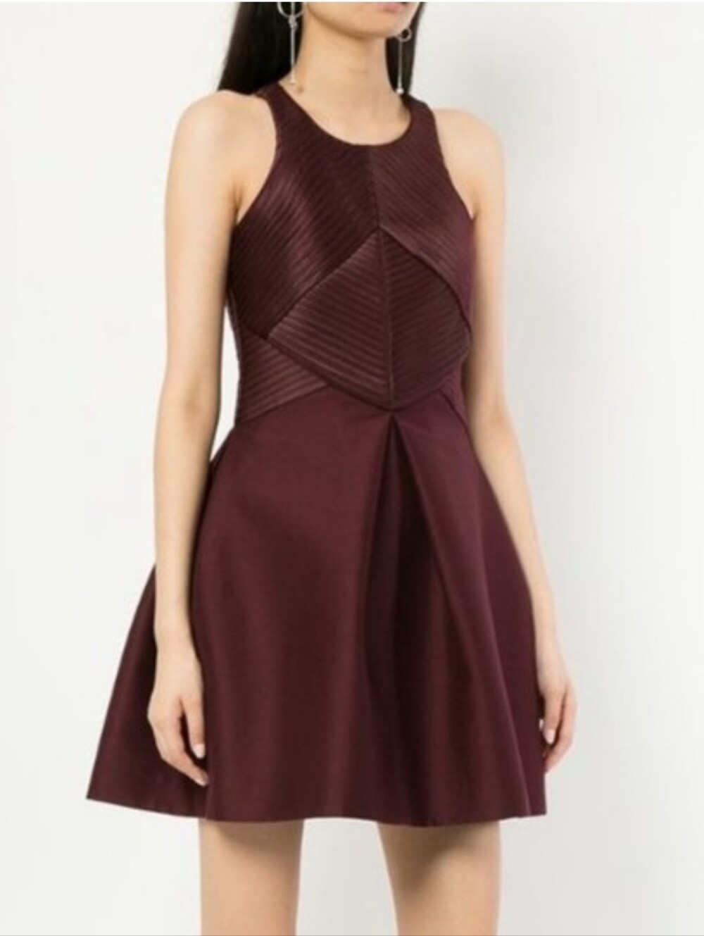 NWT HALSTON Heritage Syrah Fit And Flare Sleeveless High Neck Satin Strip Dress